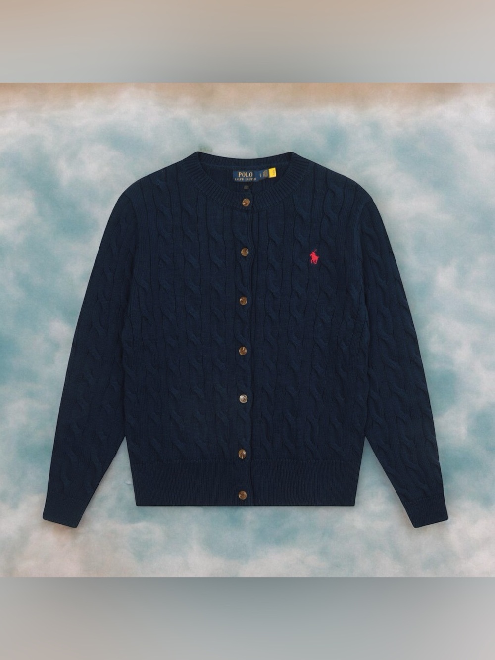 🍦Ralph Lauren Navy Cable-Knit Cardigan with Pink Pony Logo